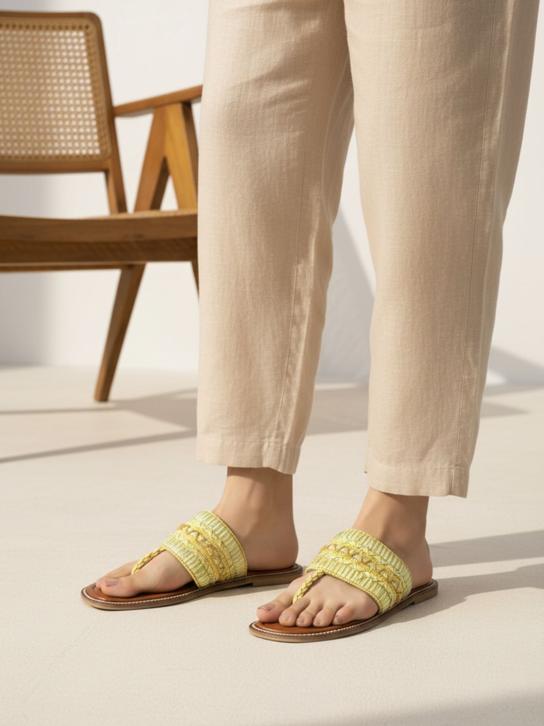Womens Yellow Casual Embellished T-Strap Flats