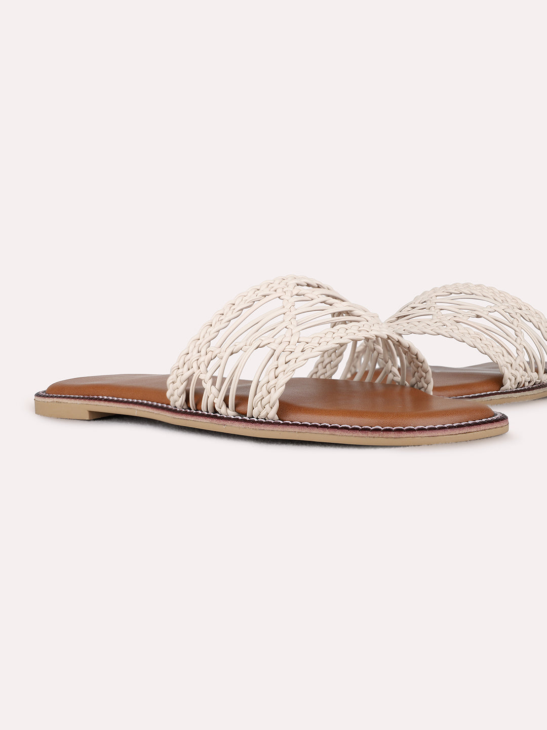 Womens Cream Casual Embossed Open Toe Flat Slip-Ons