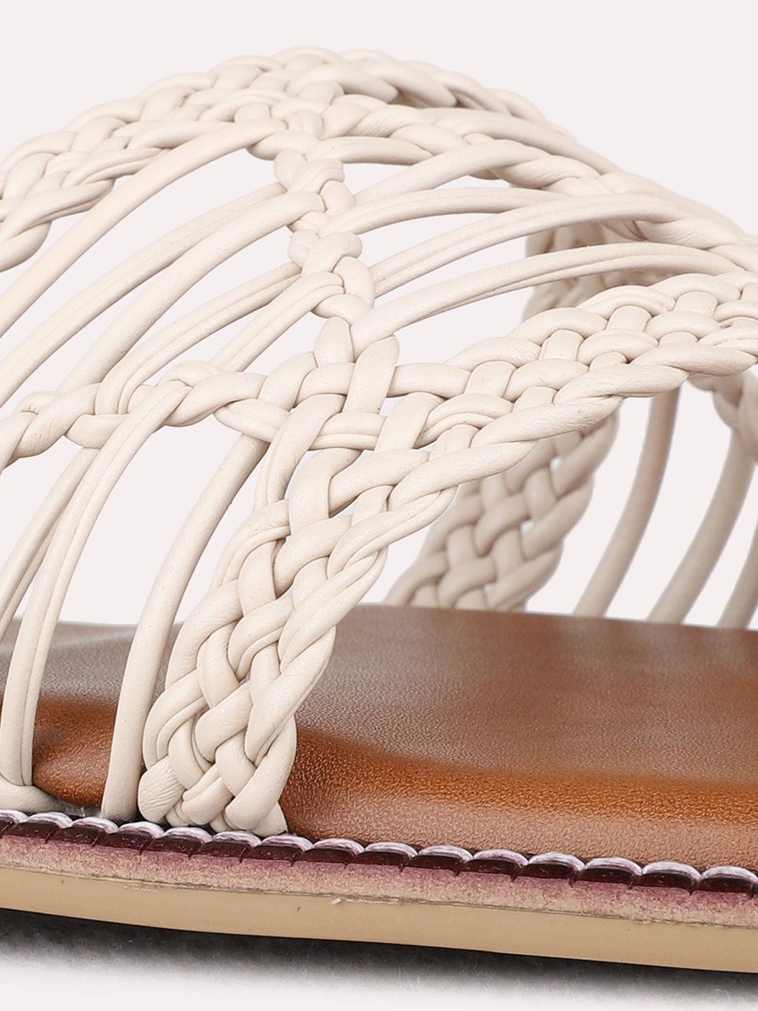 Womens Cream Casual Embossed Open Toe Flat Slip-Ons