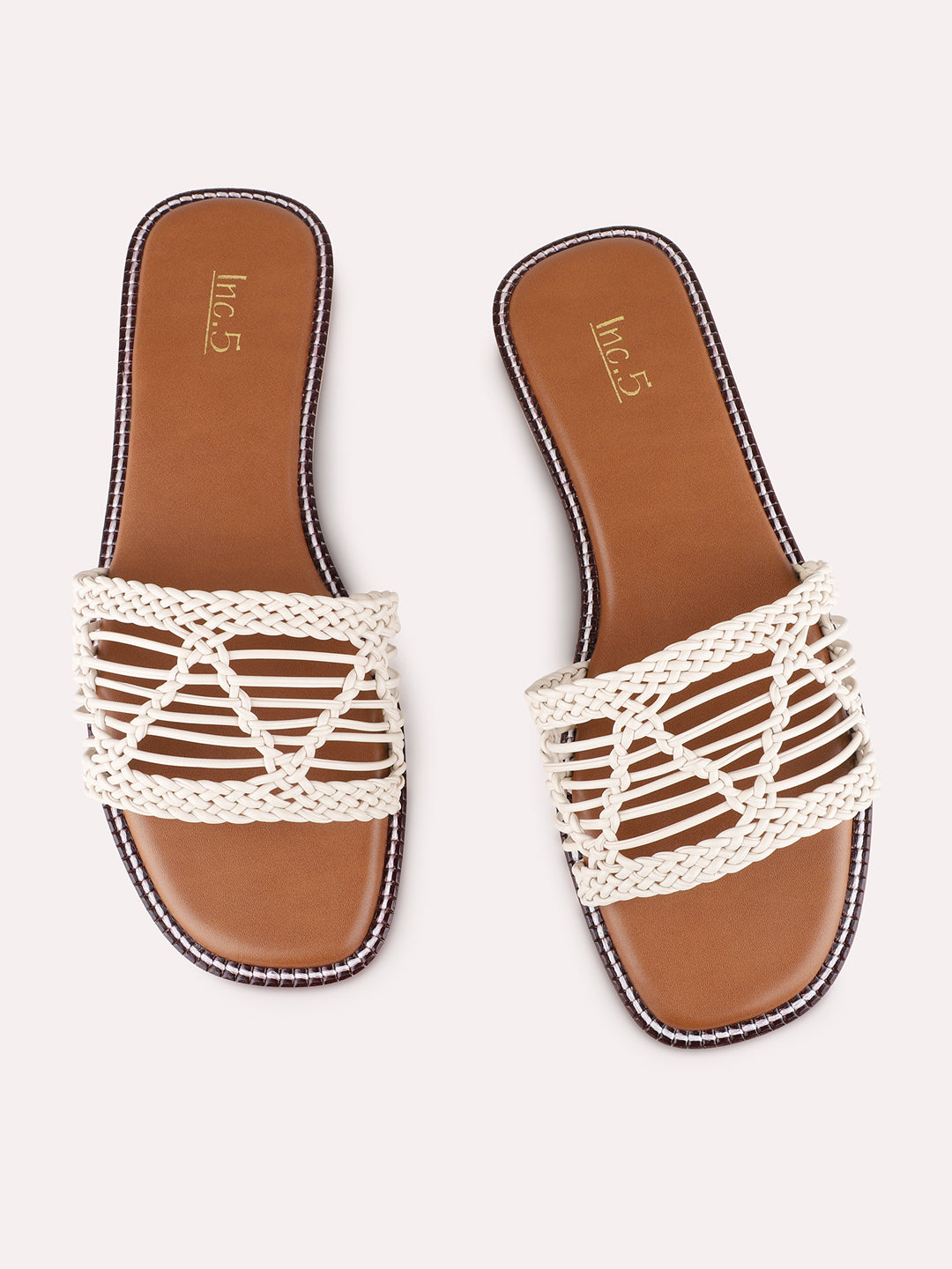 Womens Cream Casual Embossed Open Toe Flat Slip-Ons