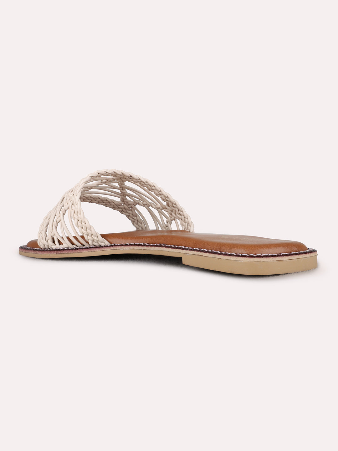 Womens Cream Casual Embossed Open Toe Flat Slip-Ons