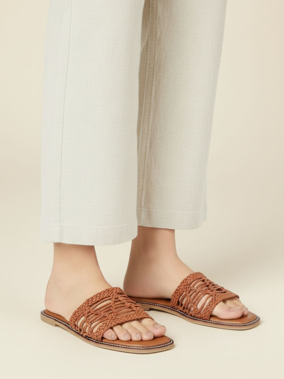 Womens Tan Casual Embossed Open Toe Flat Slip-Ons