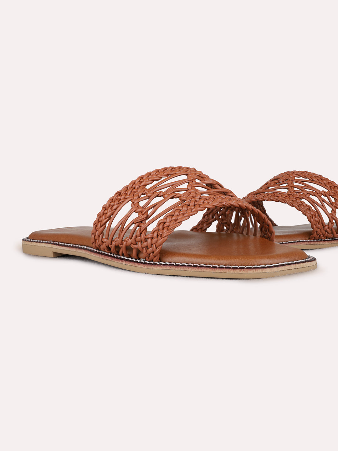 Womens Tan Casual Embossed Open Toe Flat Slip-Ons