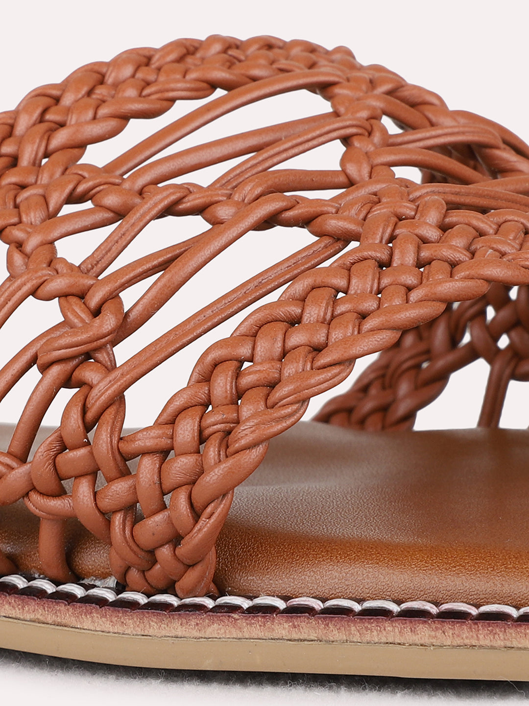 Womens Tan Casual Embossed Open Toe Flat Slip-Ons