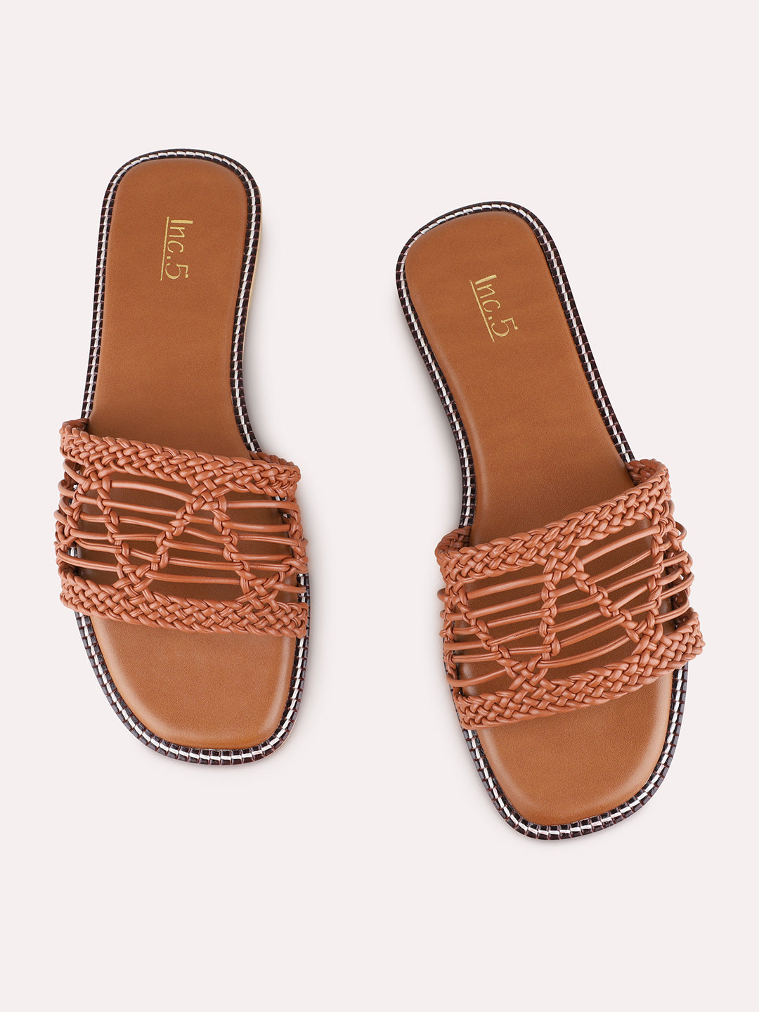 Womens Tan Casual Embossed Open Toe Flat Slip-Ons