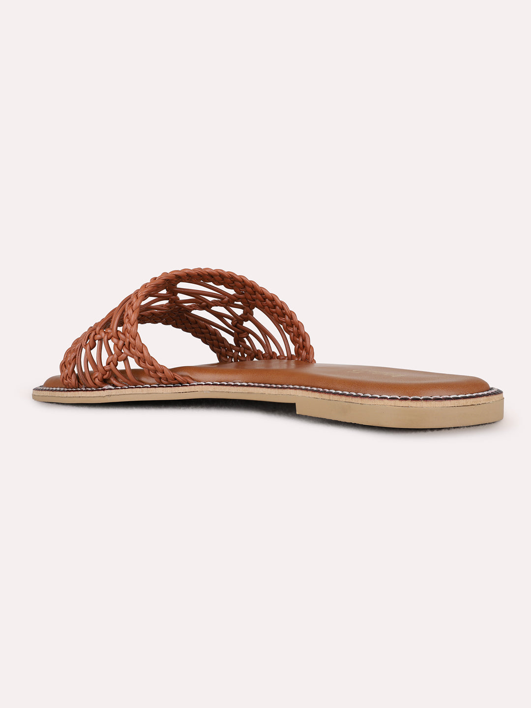 Womens Tan Casual Embossed Open Toe Flat Slip-Ons