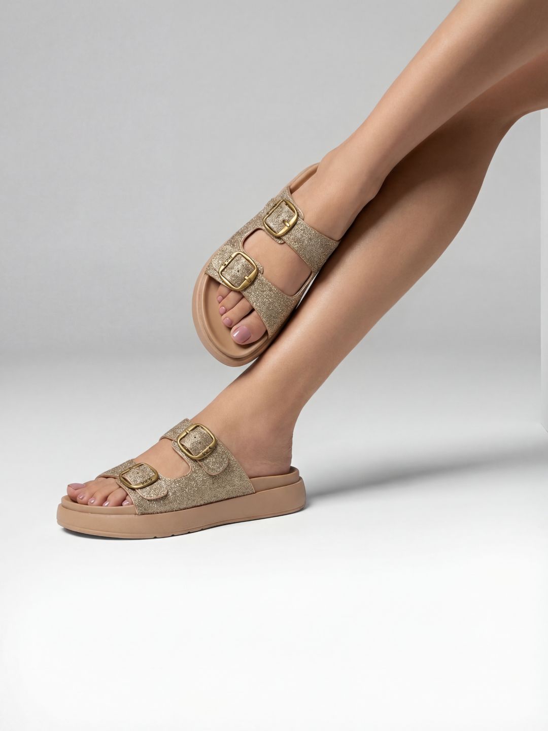 Womens Golden Casual Printed Open Toe Flat Slip-Ons