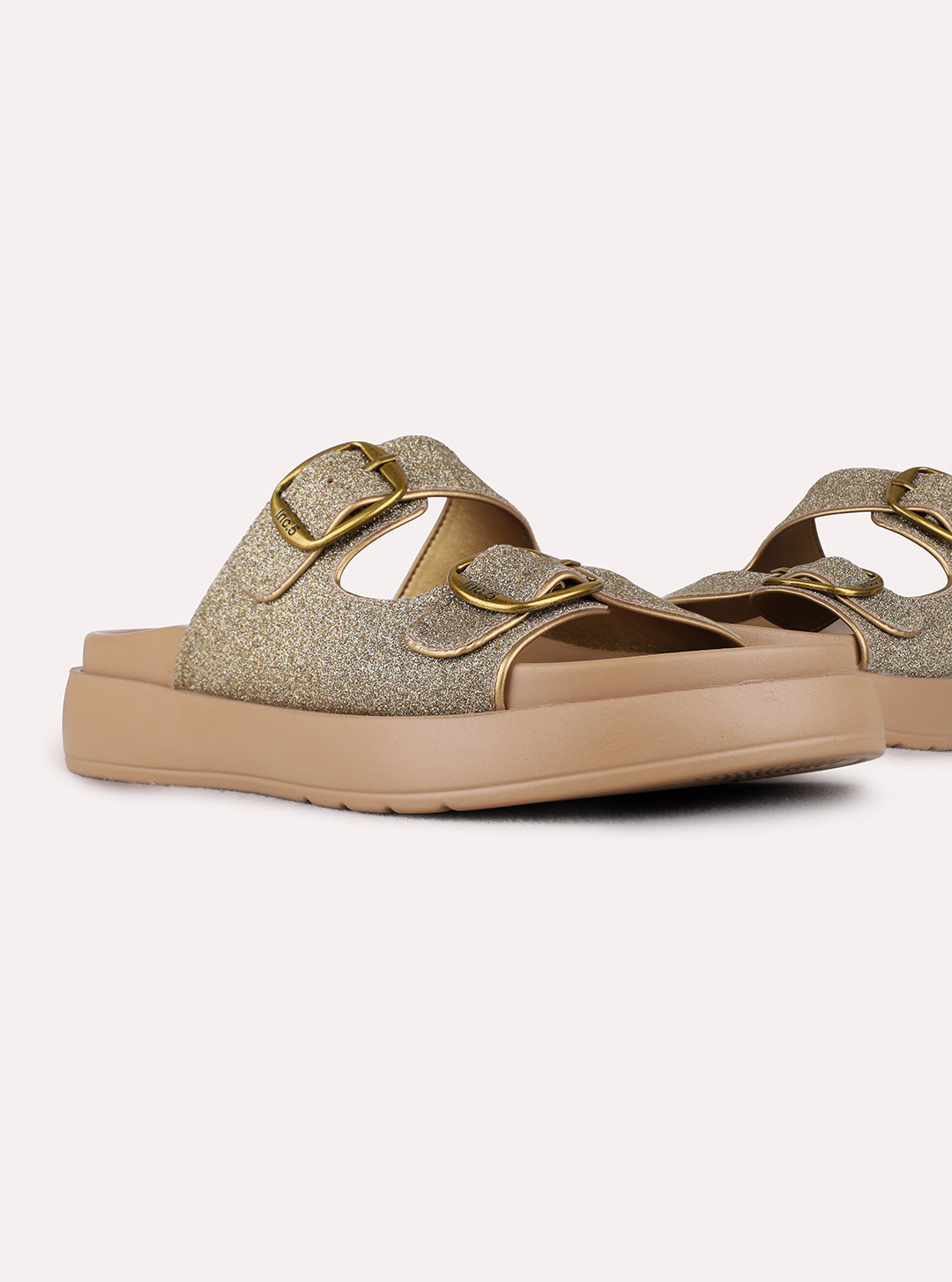 Womens Golden Casual Printed Open Toe Flat Slip-Ons