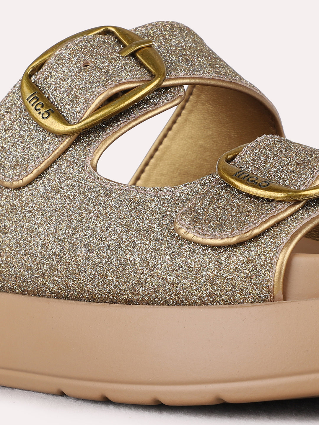 Womens Golden Casual Printed Open Toe Flat Slip-Ons