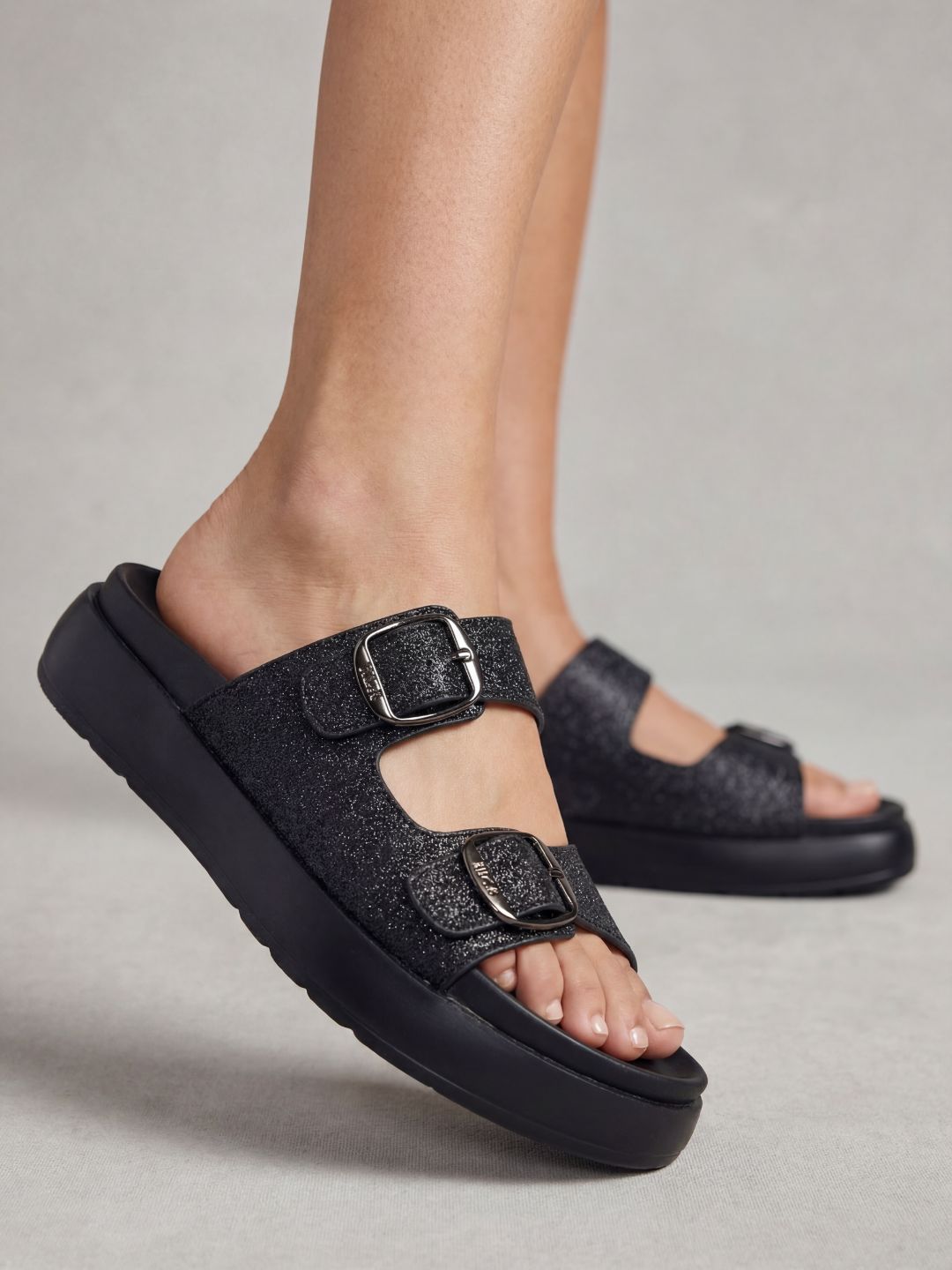 Womens Black Casual Printed Open Toe Flat Slip-Ons