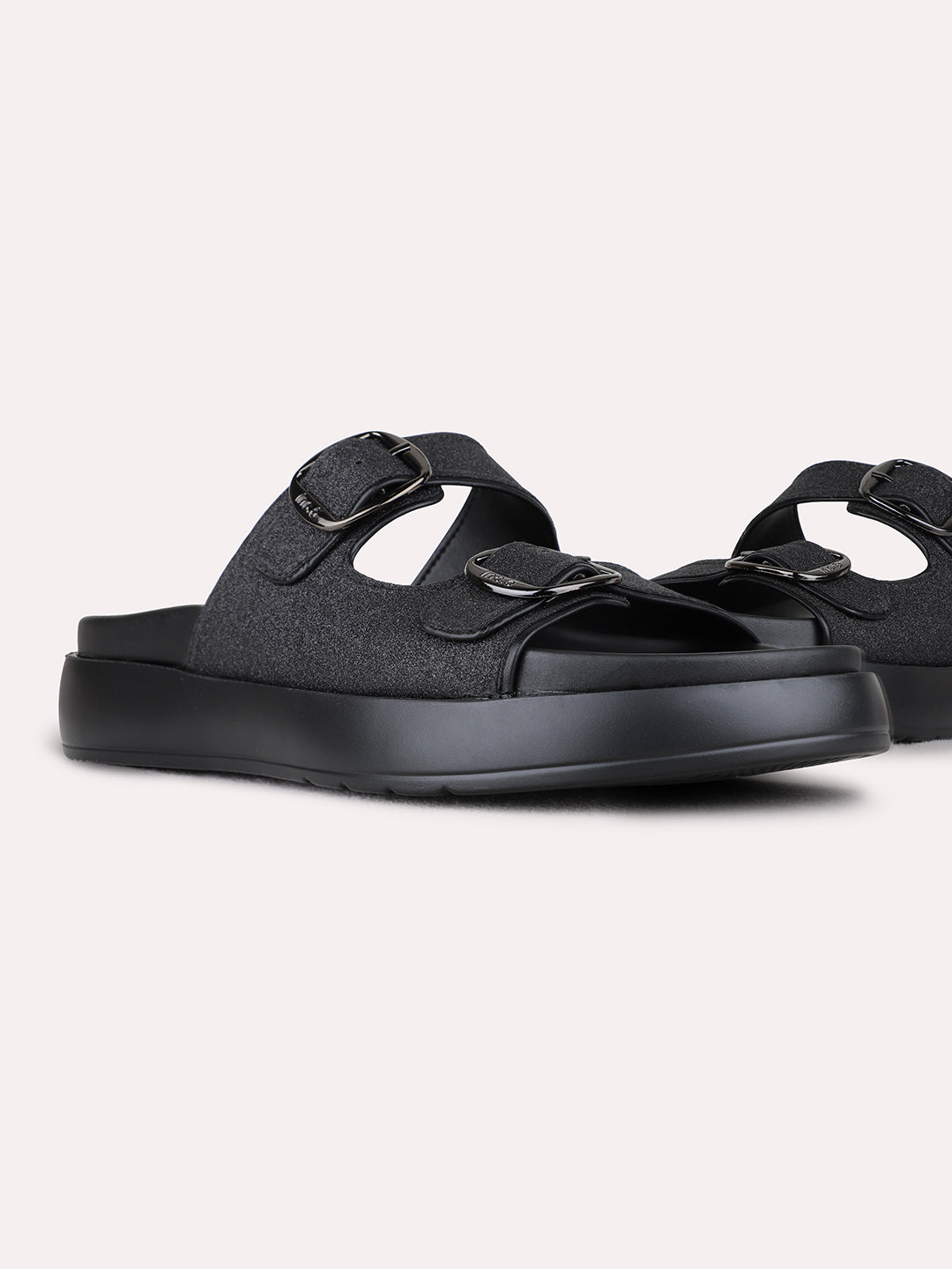 Womens Black Casual Printed Open Toe Flat Slip-Ons