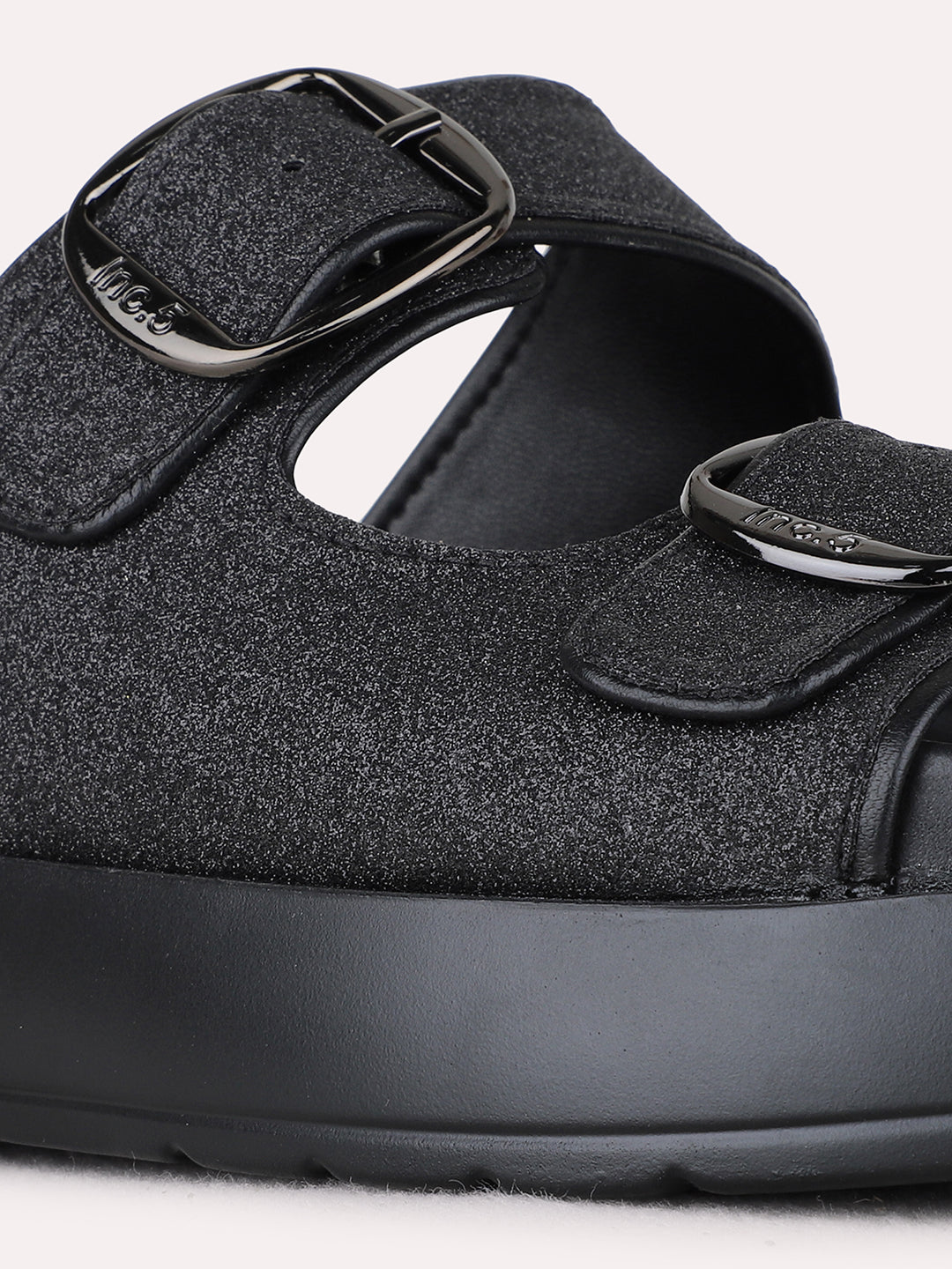 Womens Black Casual Printed Open Toe Flat Slip-Ons