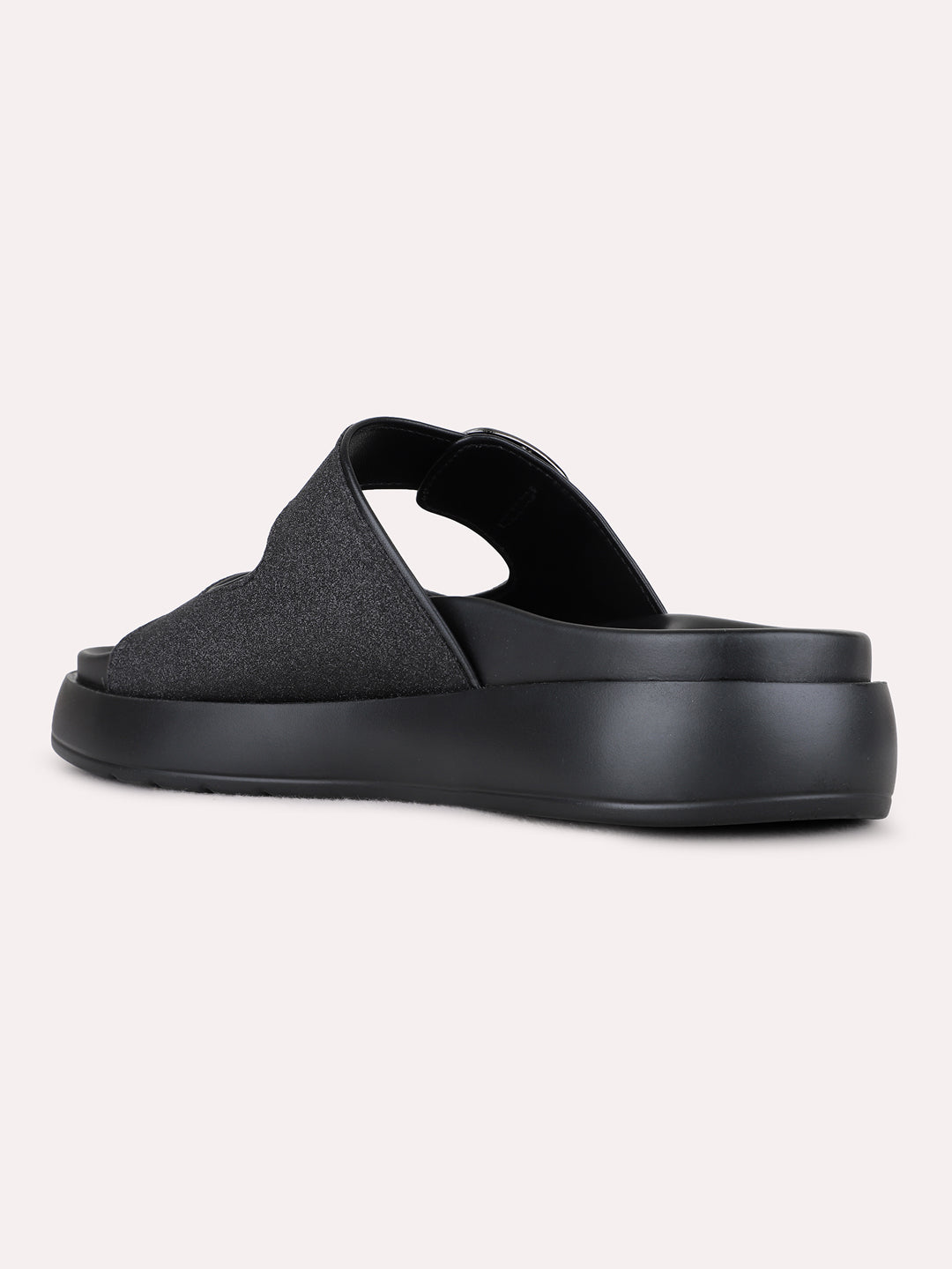 Womens Black Casual Printed Open Toe Flat Slip-Ons
