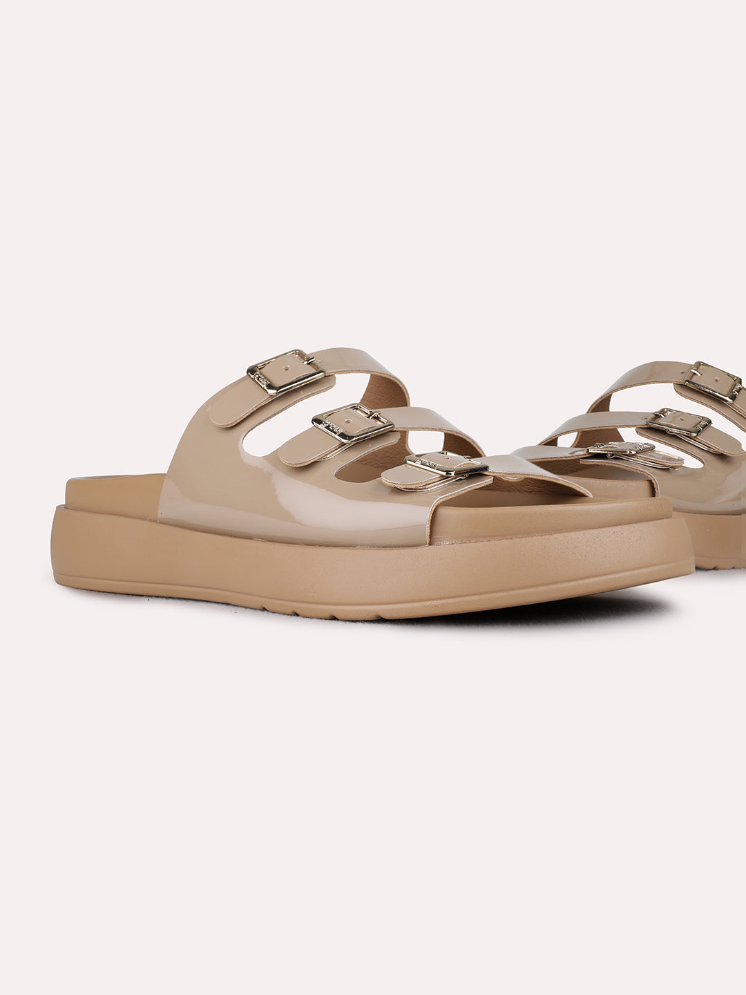 Womens Beige Casual Solid Pattern Open Toe Flat Slip-Ons