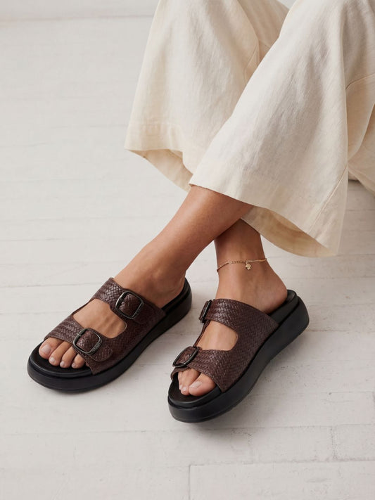 Womens Brown Casual Solid Open Toe Flat Slip-Ons