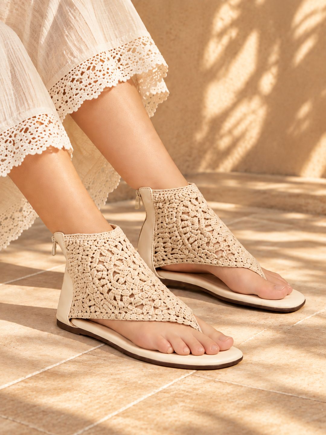 Womens Beige Casual Woven Design T-Strap Flats