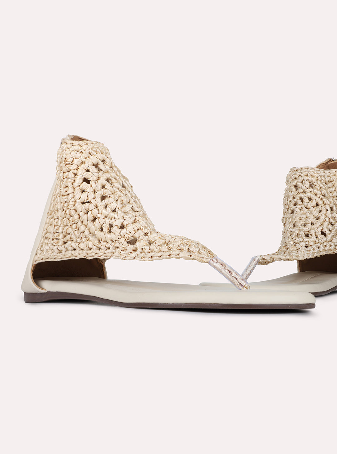 Womens Beige Casual Woven Design T-Strap Flats