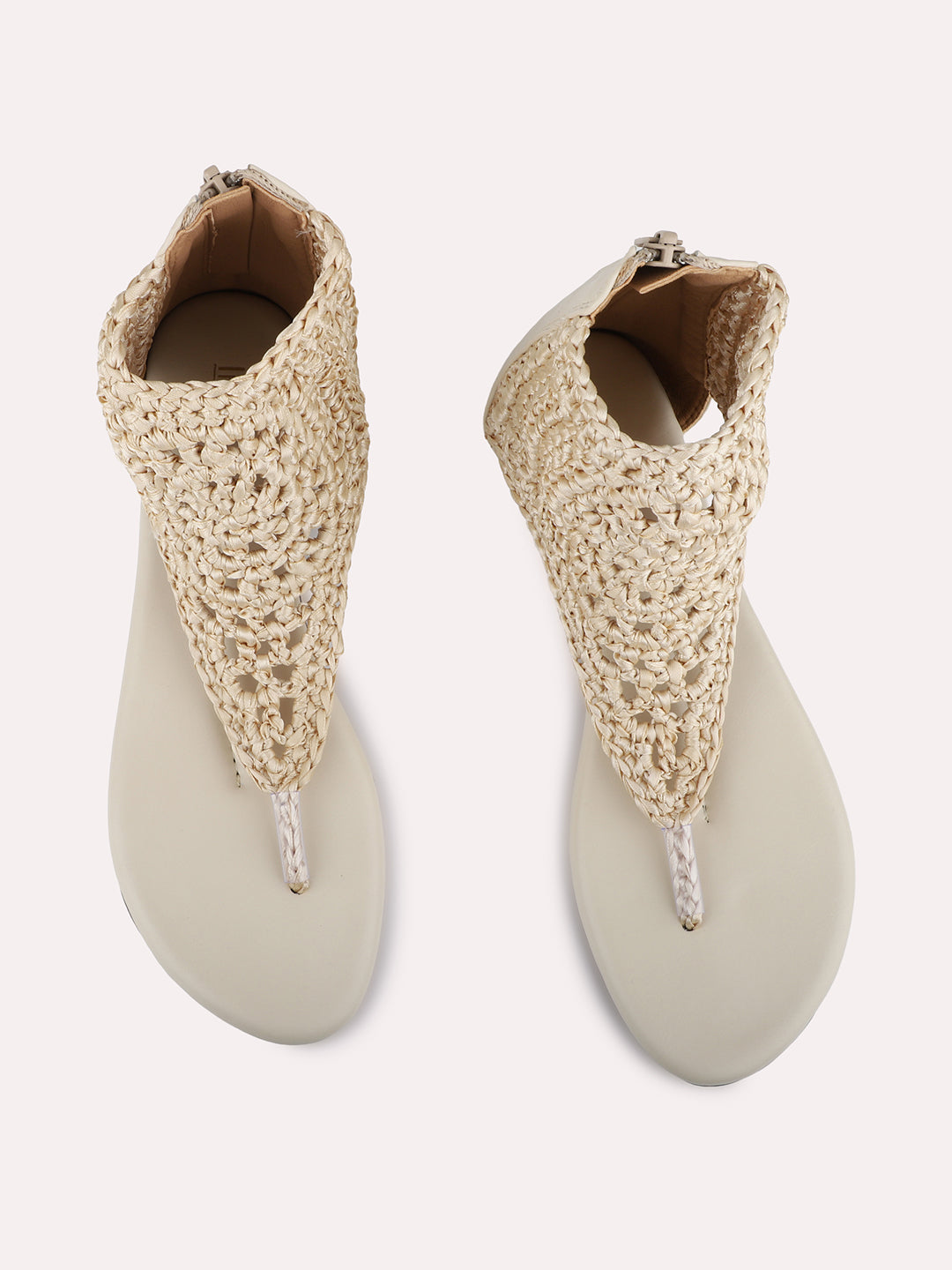 Womens Beige Casual Woven Design T-Strap Flats