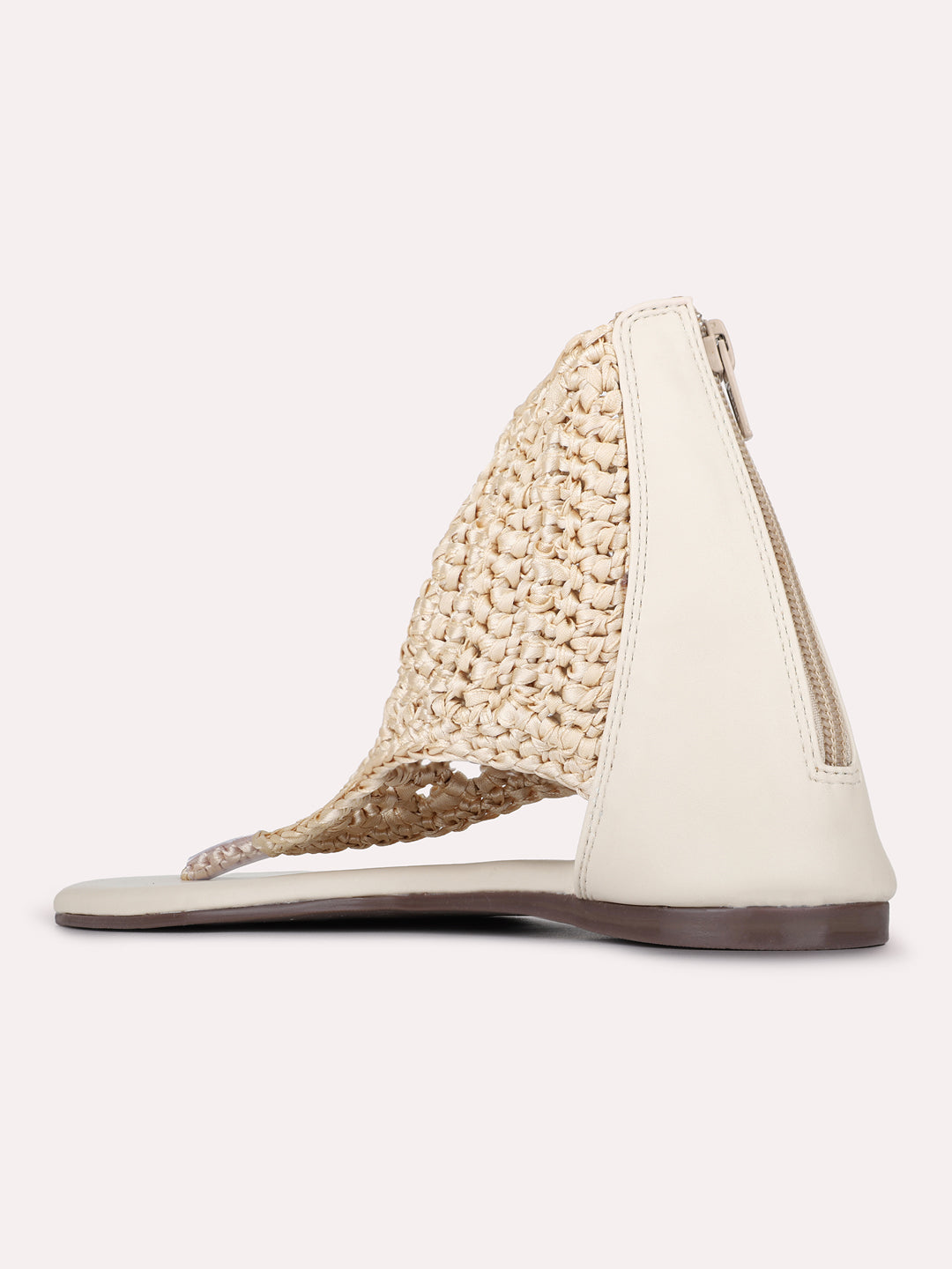 Womens Beige Casual Woven Design T-Strap Flats