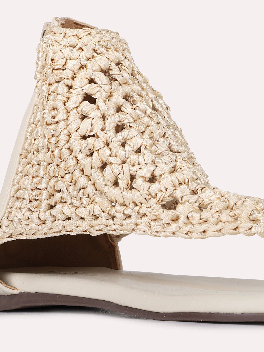 Womens Beige Casual Woven Design T-Strap Flats