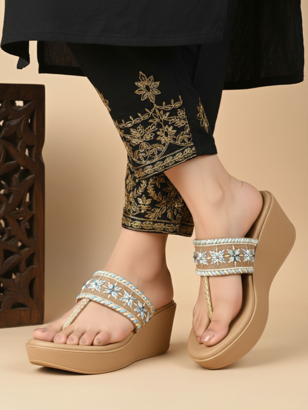 Womens Blue Ethnic Embellished Round Toe Wedge Heels