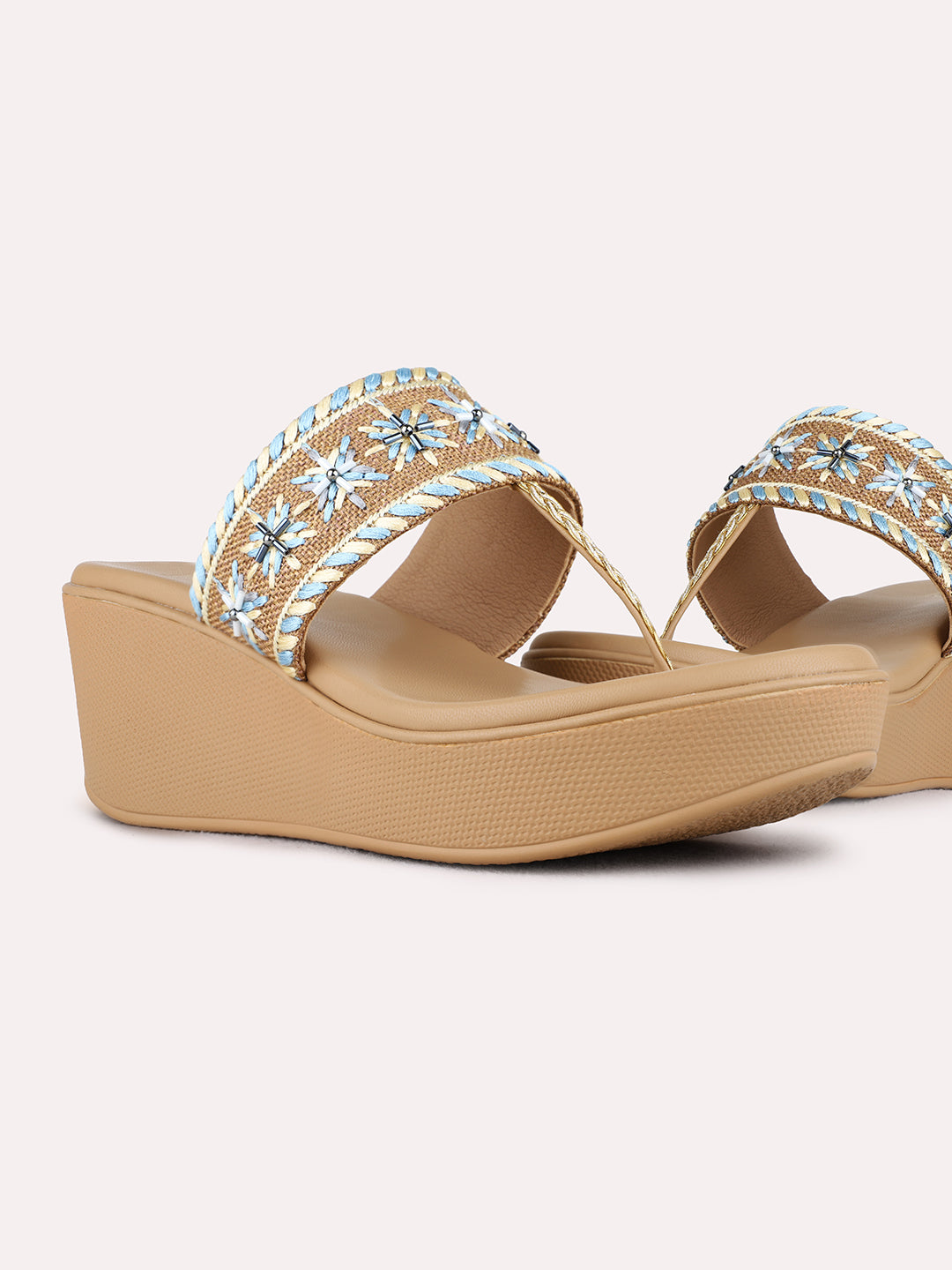 Womens Blue Ethnic Embellished Round Toe Wedge Heels