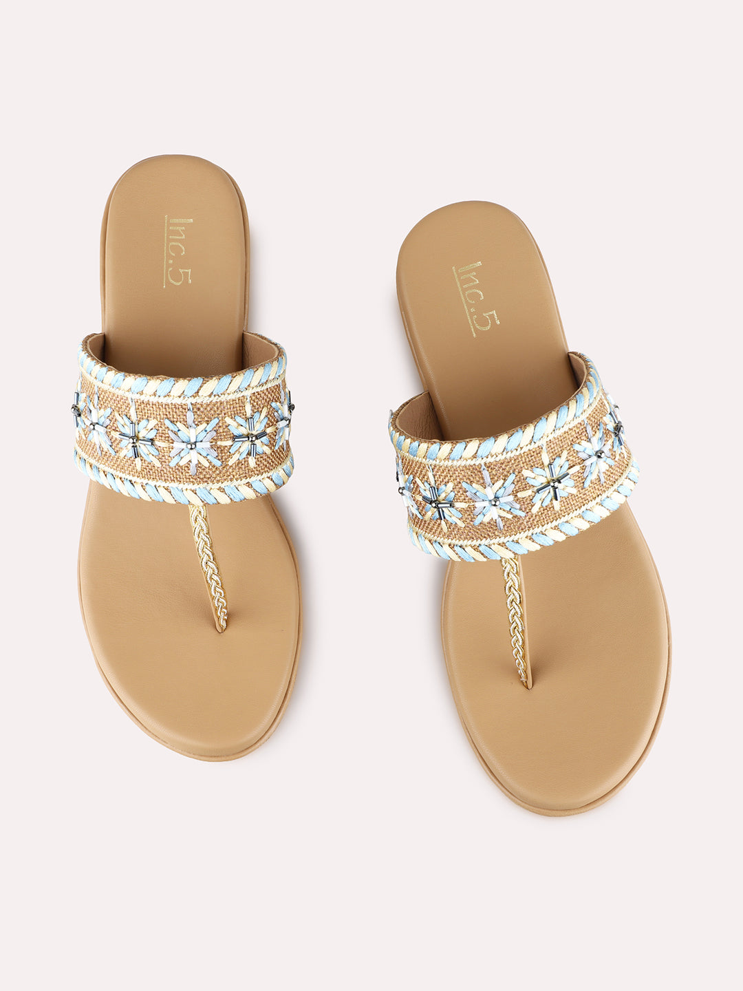 Womens Blue Ethnic Embellished Round Toe Wedge Heels