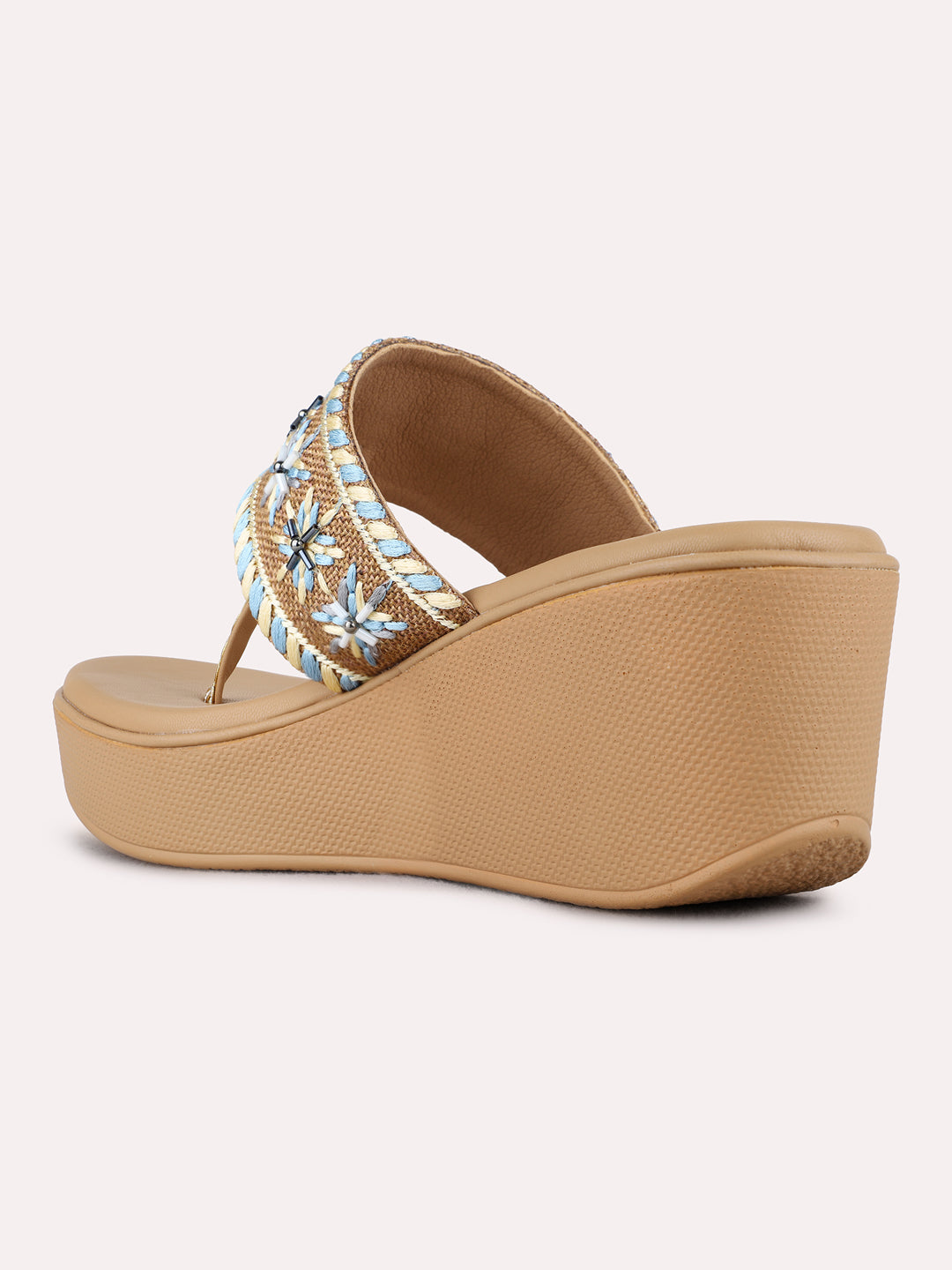Womens Blue Ethnic Embellished Round Toe Wedge Heels