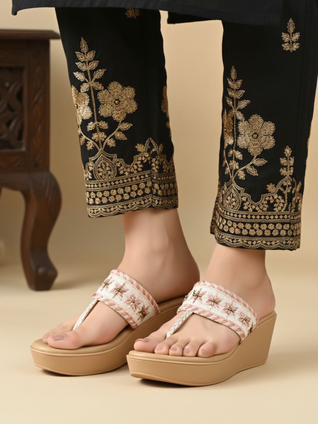 Womens Pink Ethnic Embellished Round Toe Wedge Heels