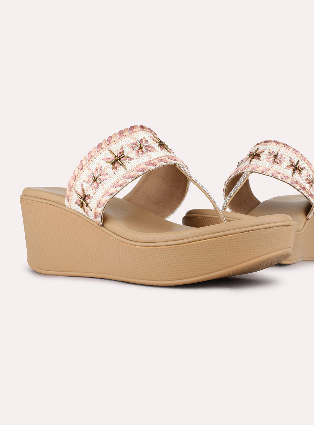 Womens Pink Ethnic Embellished Round Toe Wedge Heels