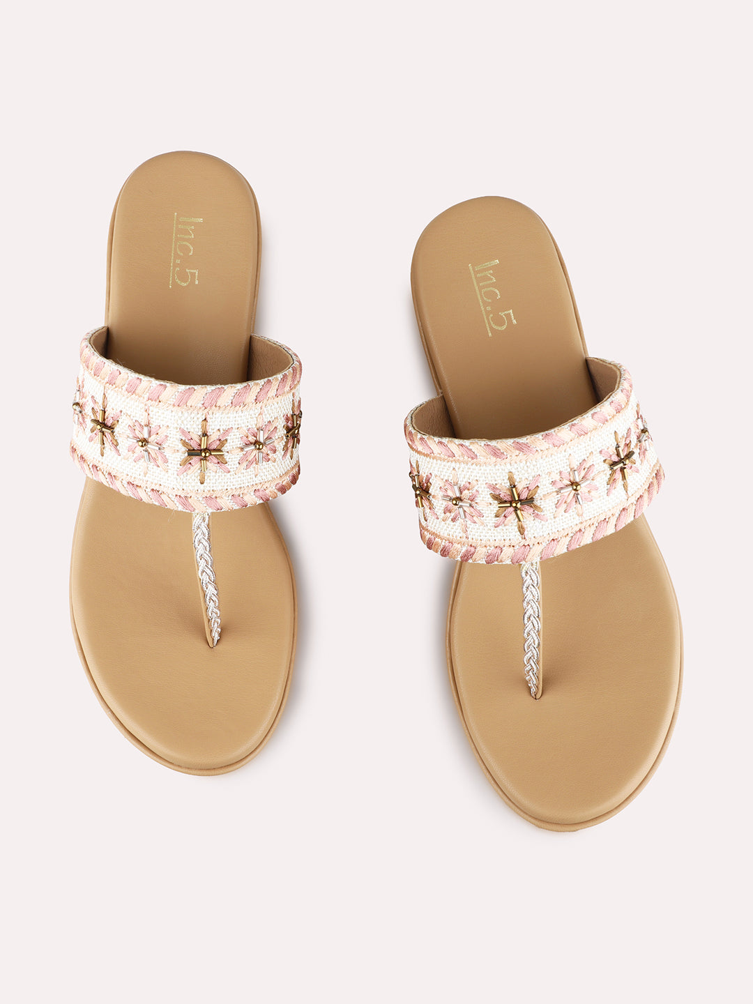 Womens Pink Ethnic Embellished Round Toe Wedge Heels