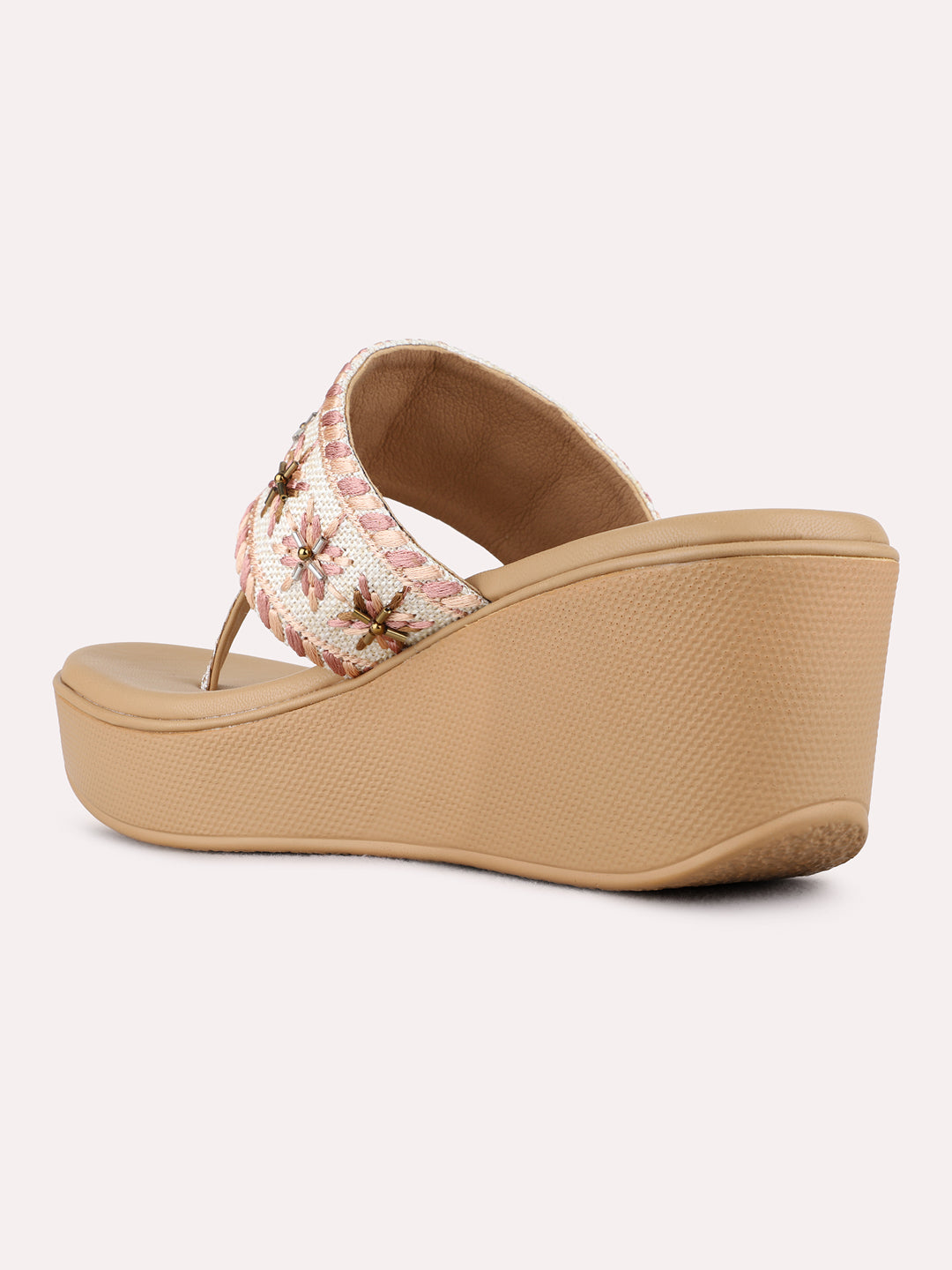 Womens Pink Ethnic Embellished Round Toe Wedge Heels