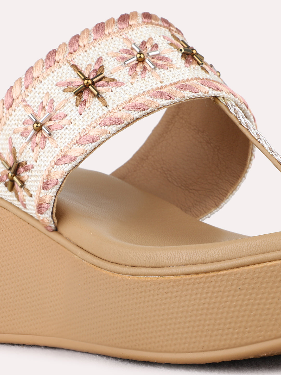 Womens Pink Ethnic Embellished Round Toe Wedge Heels