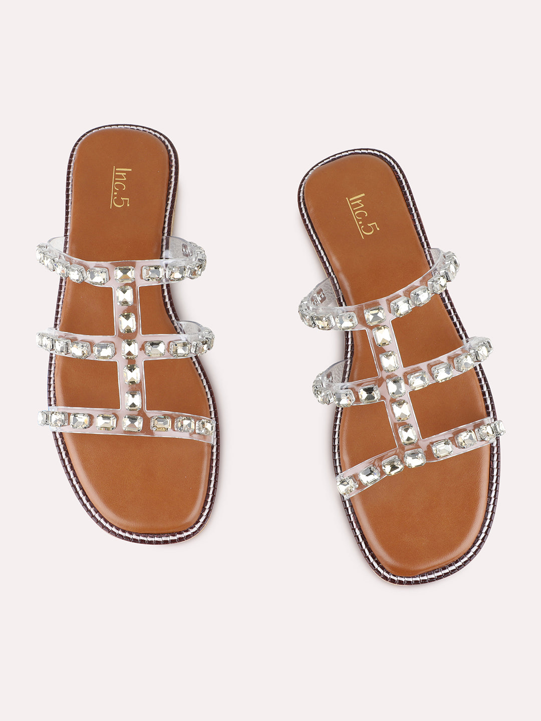 Womens Golden Ethnic Embellished Open Toe Flat Slip-Ons