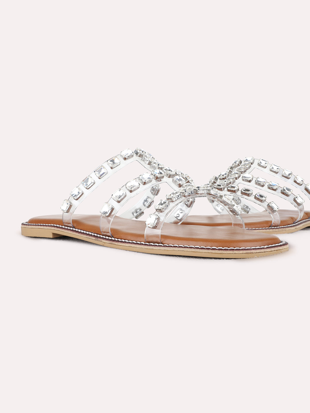 Womens Silver Ethnic Embellished Open Toe Flat Slip-Ons