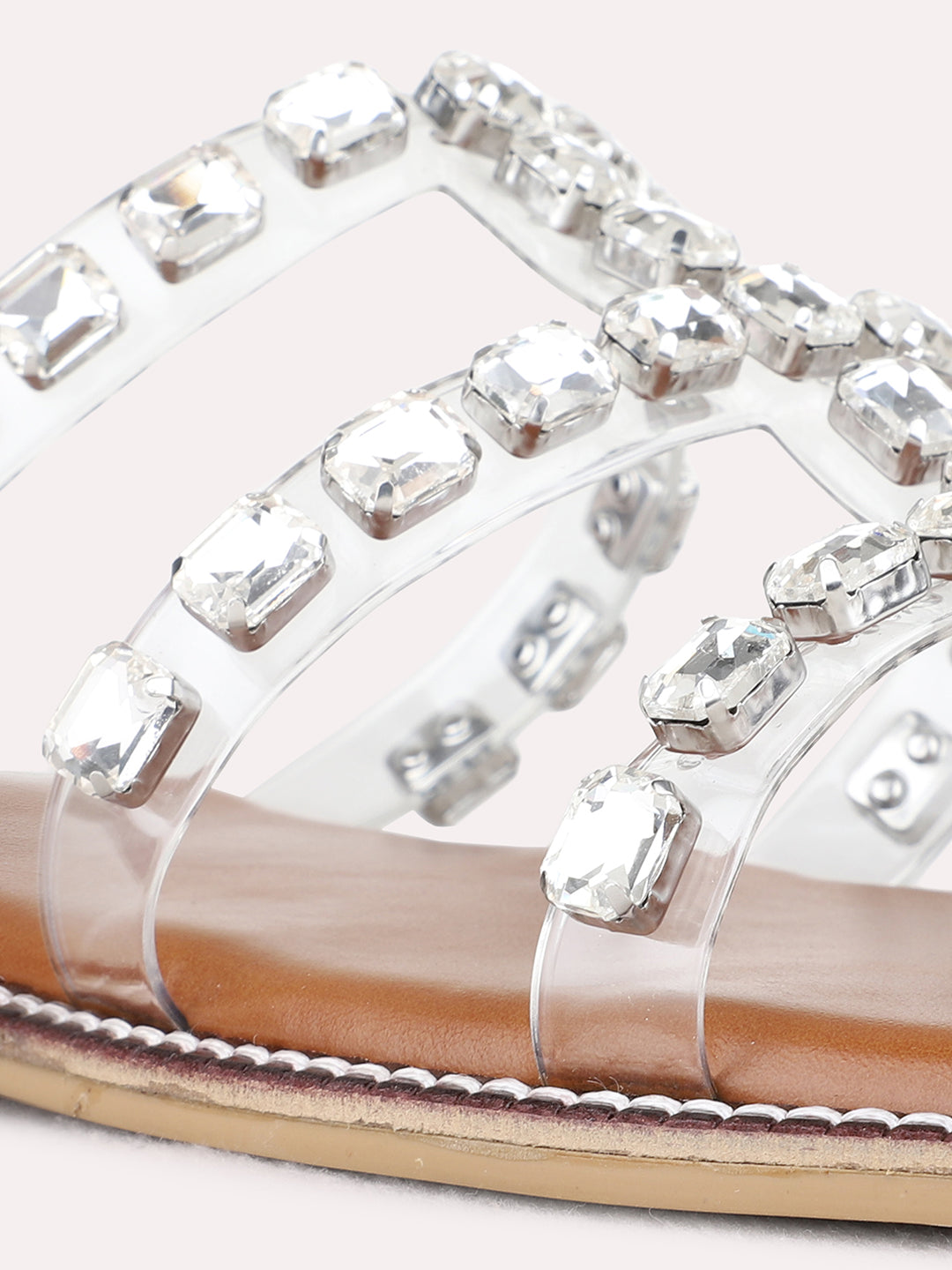 Womens Silver Ethnic Embellished Open Toe Flat Slip-Ons