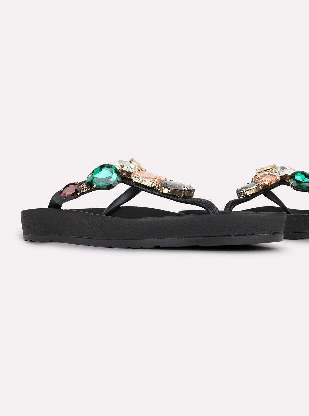 Womens Multi Casual Embellished T-Strap Flat Slip-Ons