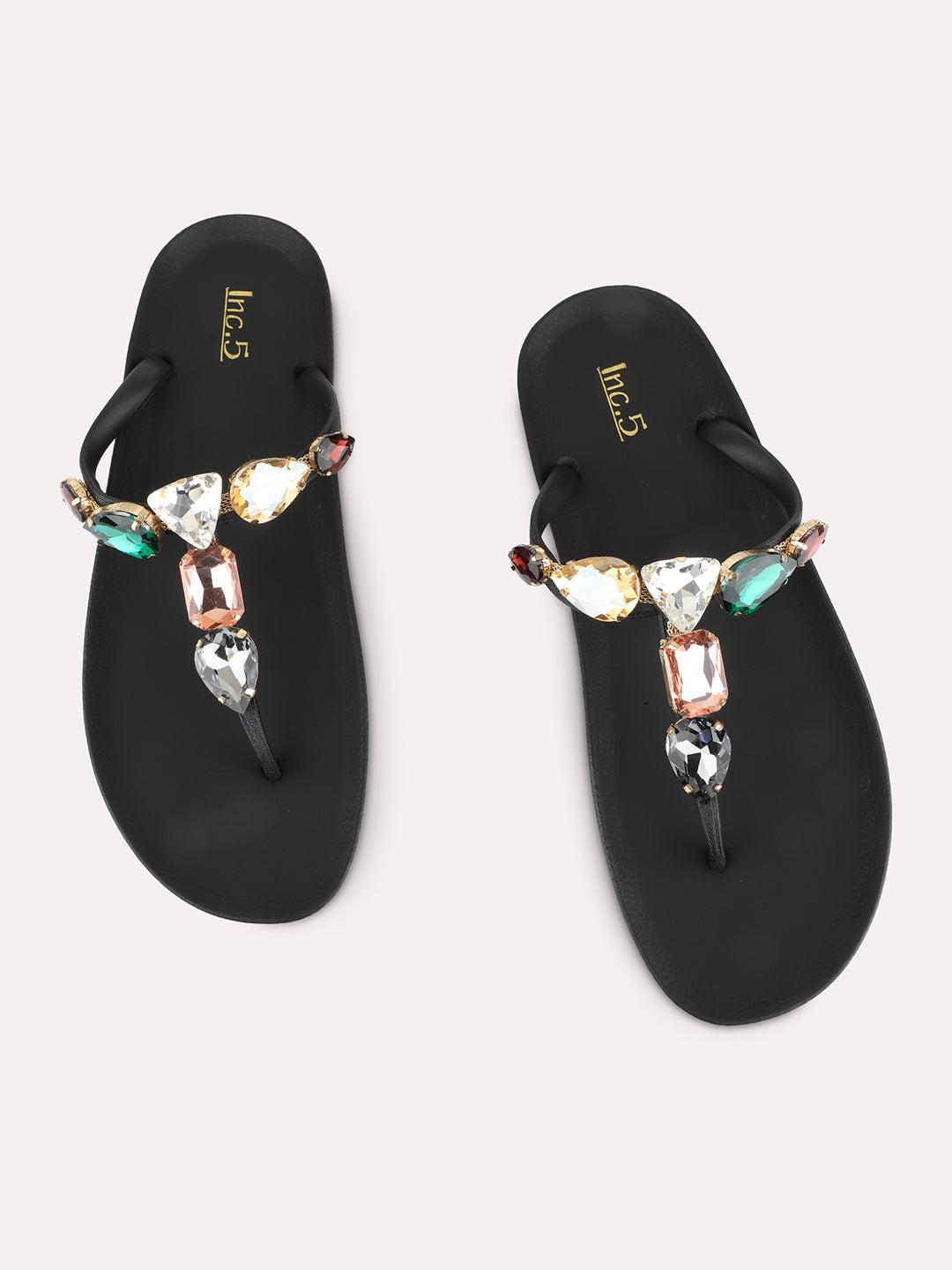 Womens Multi Casual Embellished T-Strap Flat Slip-Ons