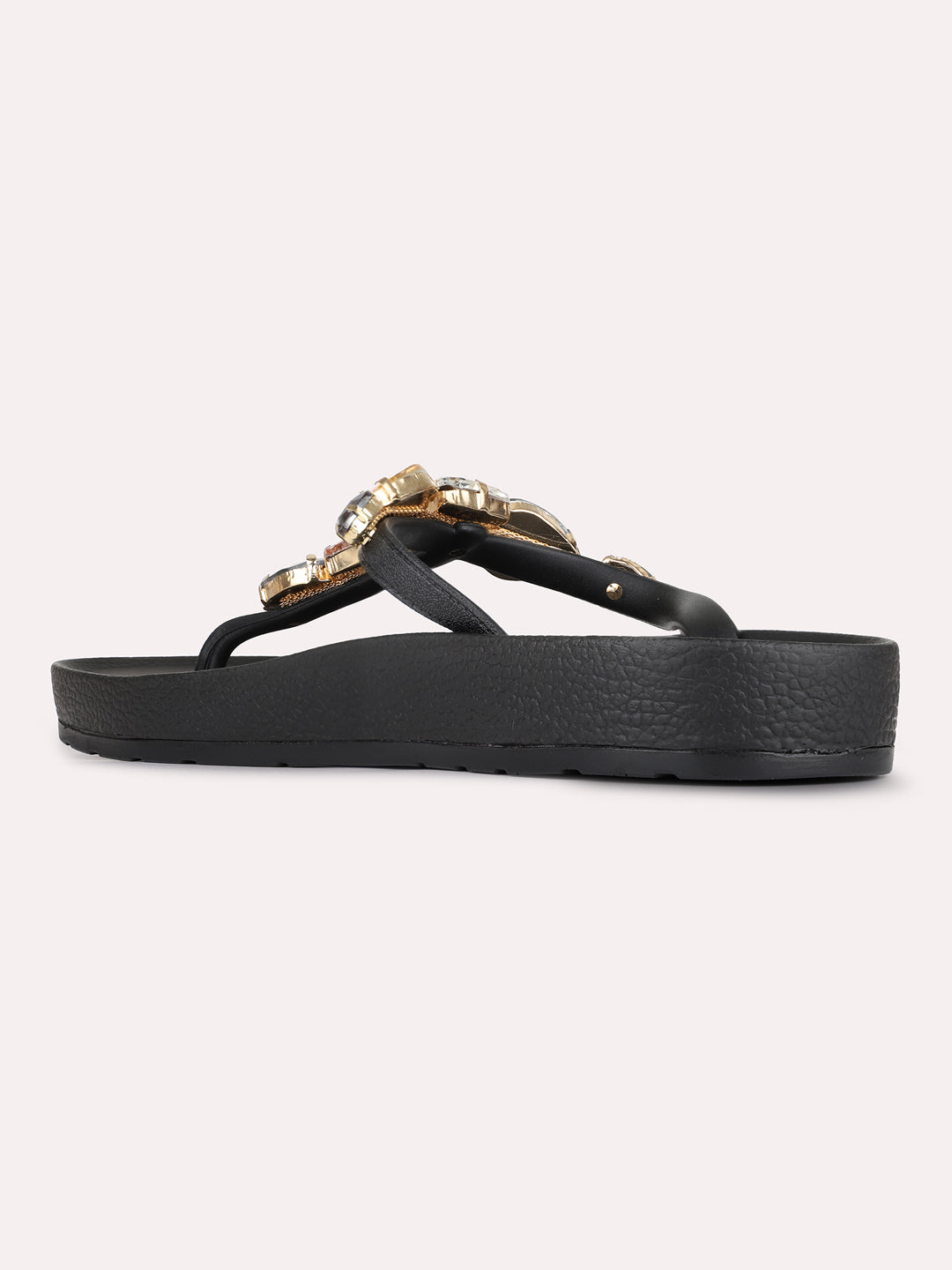 Womens Multi Casual Embellished T-Strap Flat Slip-Ons