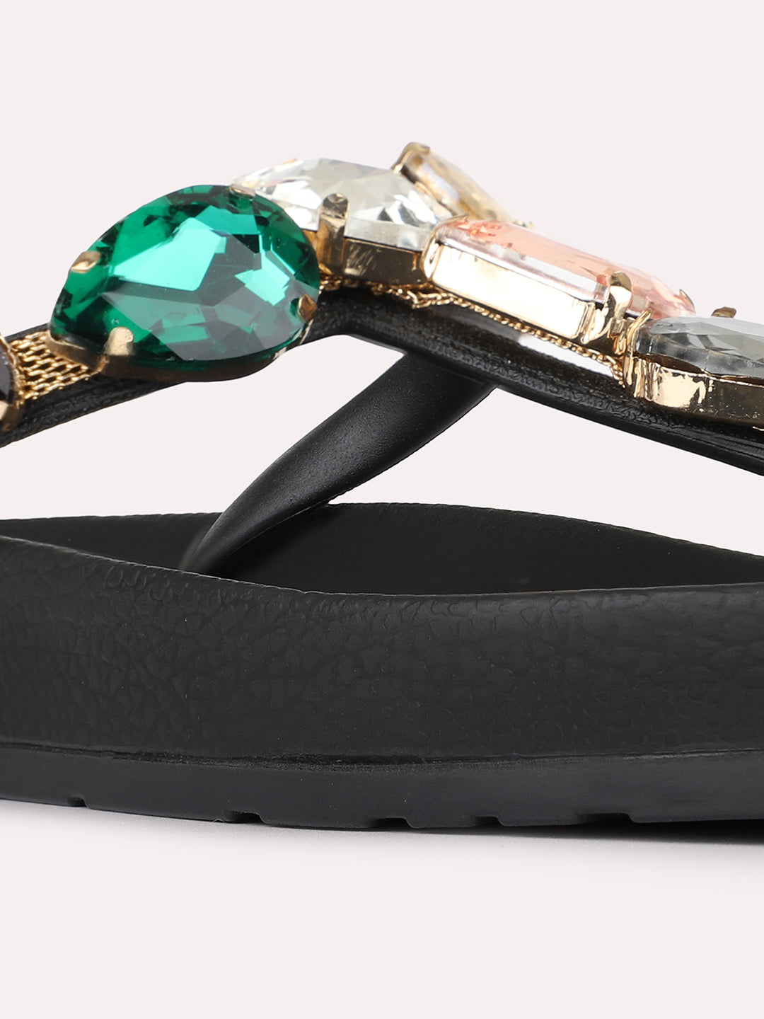 Womens Multi Casual Embellished T-Strap Flat Slip-Ons