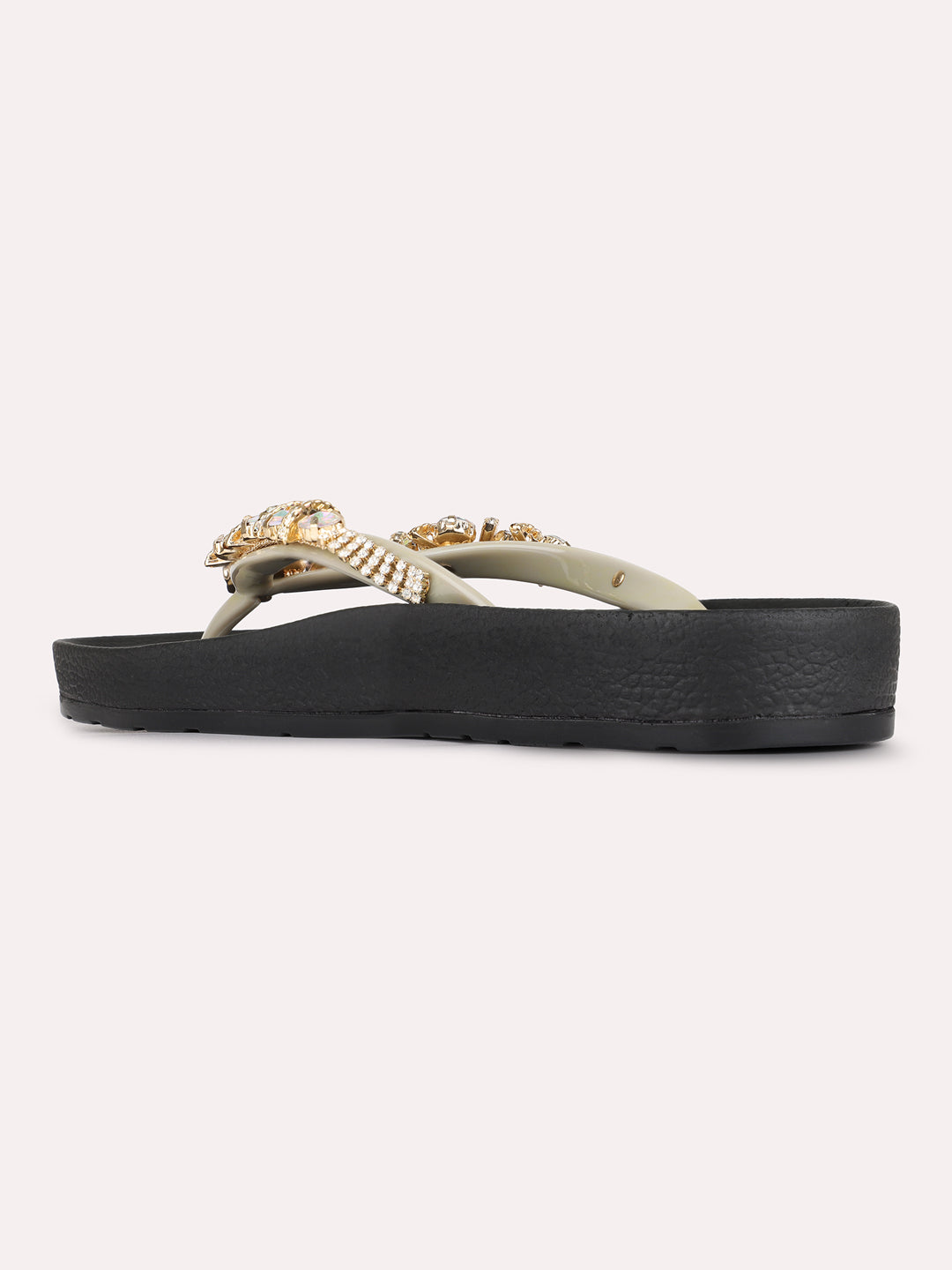 Womens Grey Casual Embellished T-Strap Flat Slip-Ons