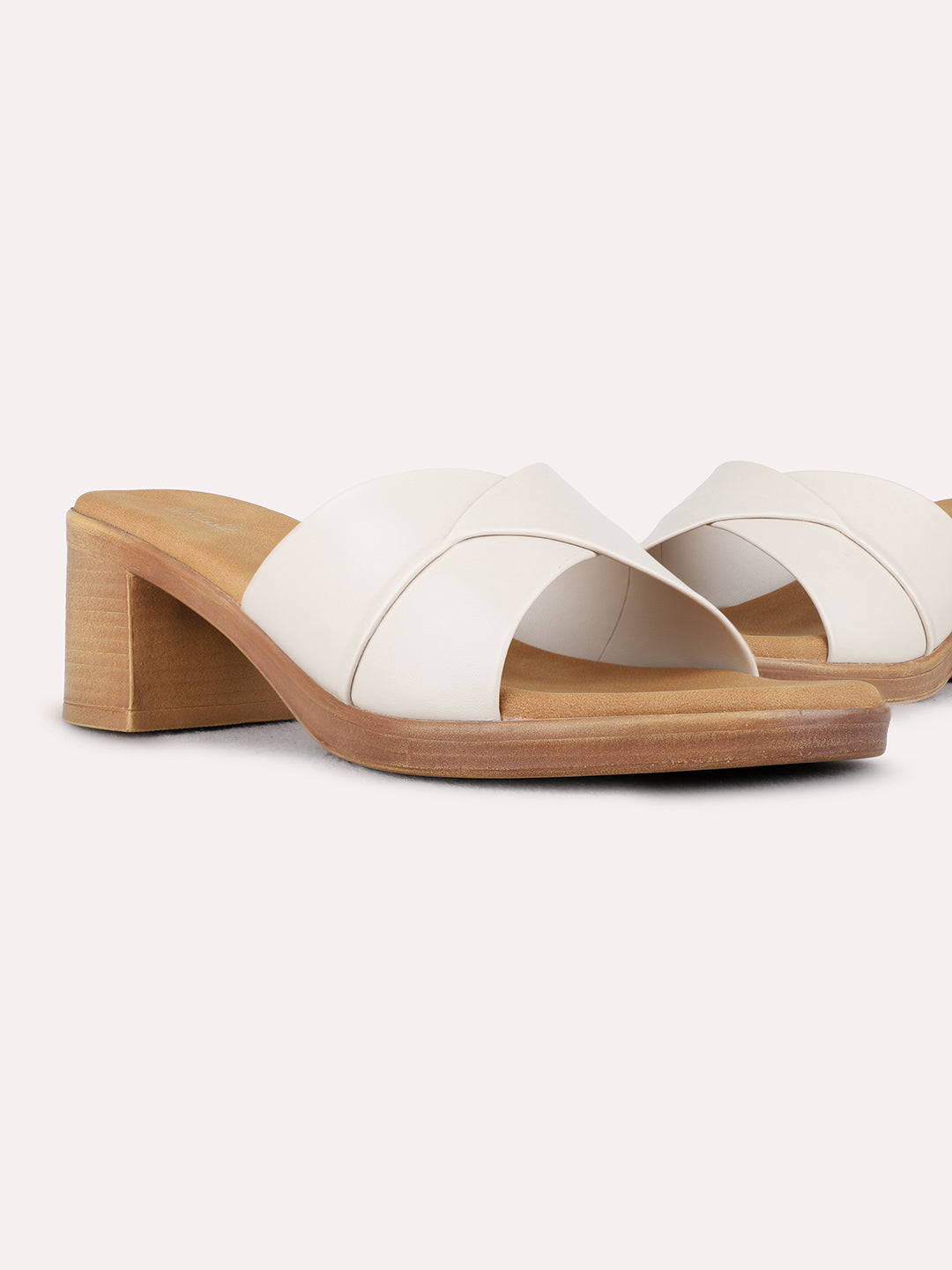 Womens Cream Party Wear Solid Round Toe Block heels