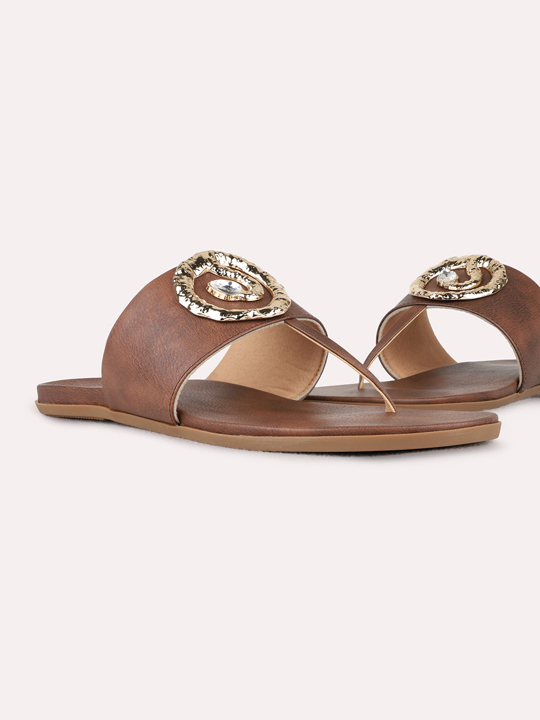 Womens Brown Ethnic Embellished T-Strap Flat Slip-Ons