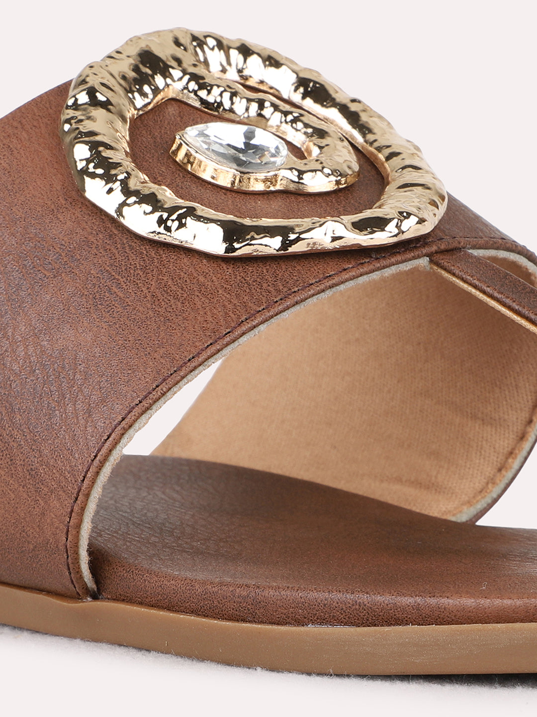 Womens Brown Ethnic Embellished T-Strap Flat Slip-Ons