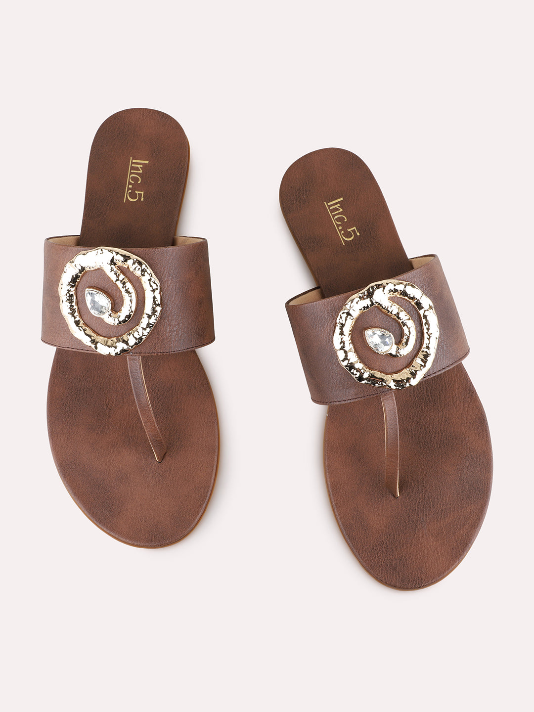 Womens Brown Ethnic Embellished T-Strap Flat Slip-Ons