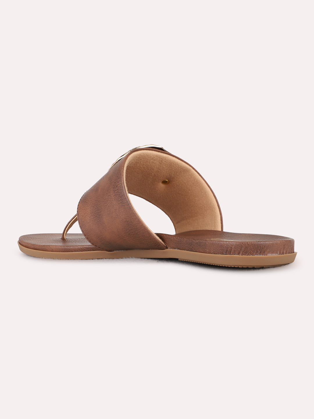 Womens Brown Ethnic Embellished T-Strap Flat Slip-Ons