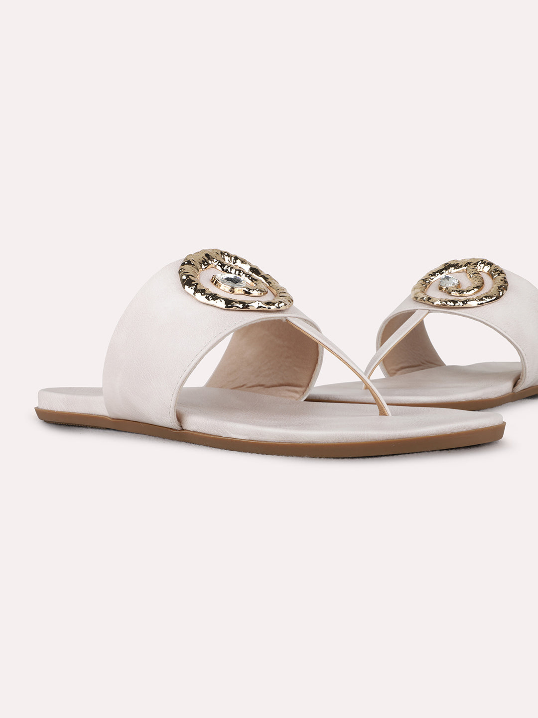 Womens Cream Ethnic Embellished T-Strap Flat Slip-Ons