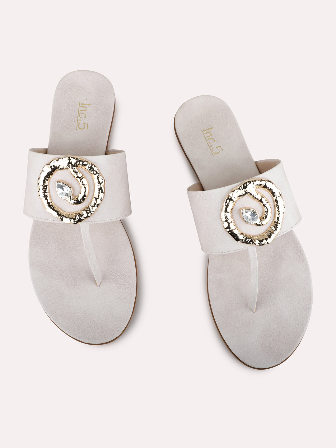Womens Cream Ethnic Embellished T-Strap Flat Slip-Ons