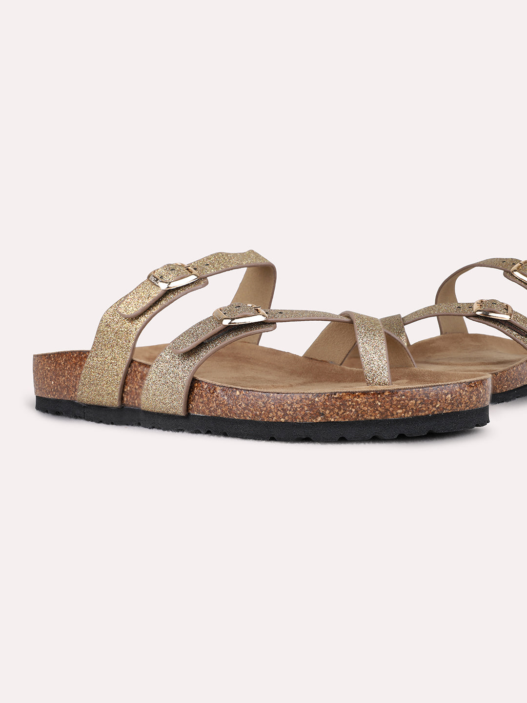 Womens Golden Casual Printed One Toe Flat Slip-Ons