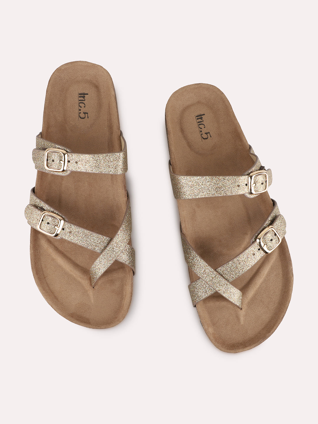 Womens Golden Casual Printed One Toe Flat Slip-Ons